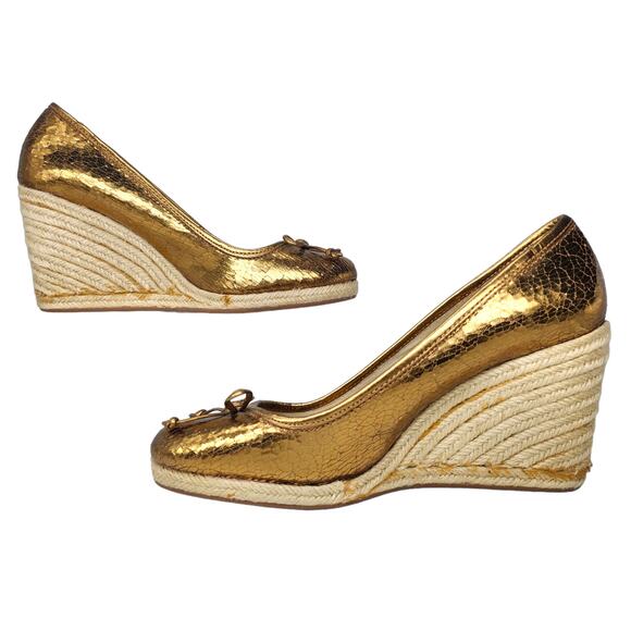 Coach Shoes Womens 6.5 Gold Metallic Crackled Bow Tie Wedge Espadrille Heels Y2k - Picture 3 of 13